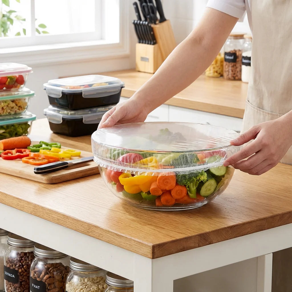 Disposable Food Storage Covers - Elastic Plastic Bowl Lids, BPA-Free Stretchable Food Wraps for Leftovers, Fruits & Meal Prep